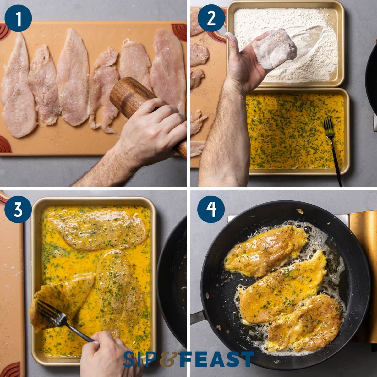 Chicken Francese recipe collage group one showing seasoning of chicken cutlets, dredging in flour, dipping in eggwash, and pan frying.