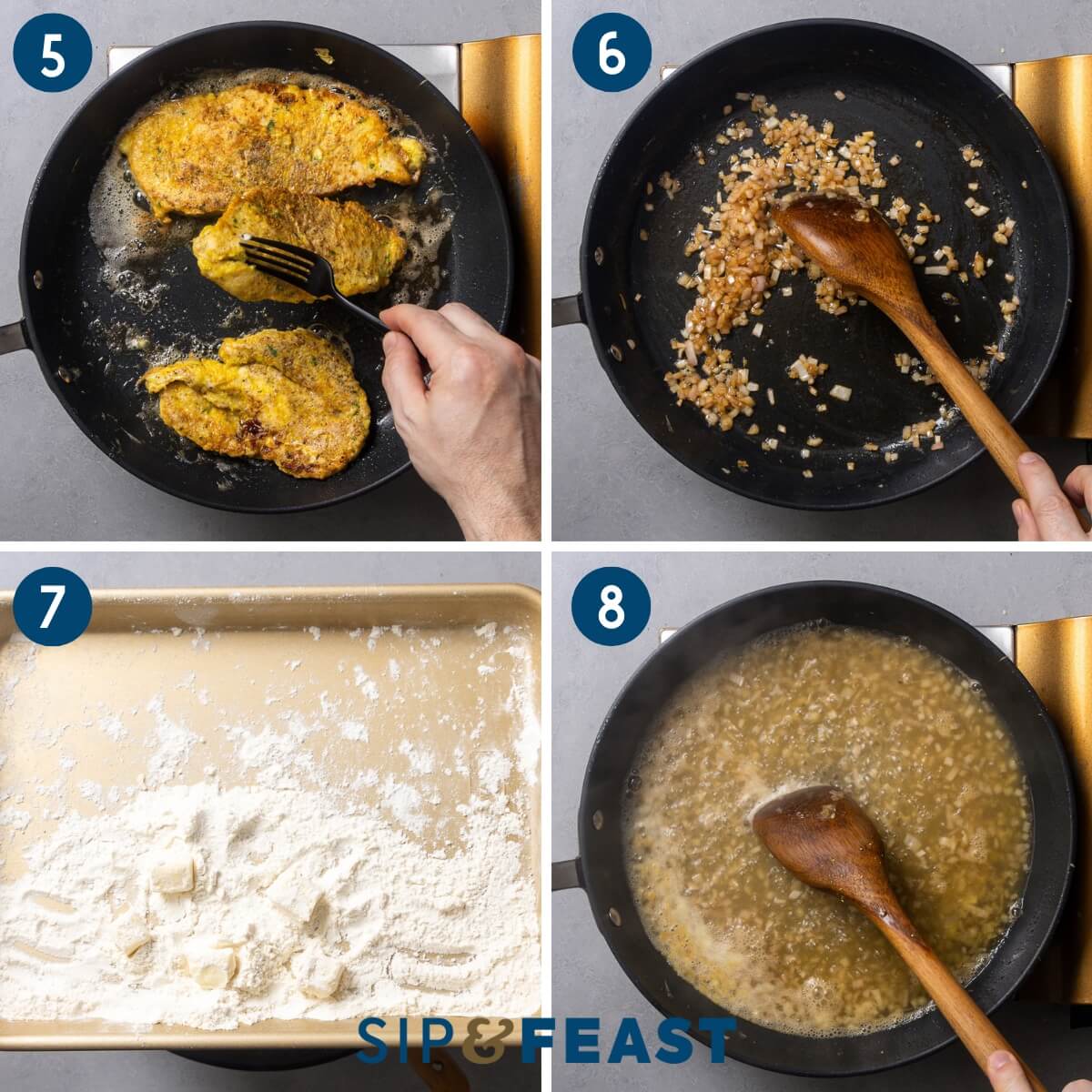 Recipe collage group two showing pan frying of chicken, sauteing shallot, dipping butter cubes in flour, and bringing sauce to a boil.