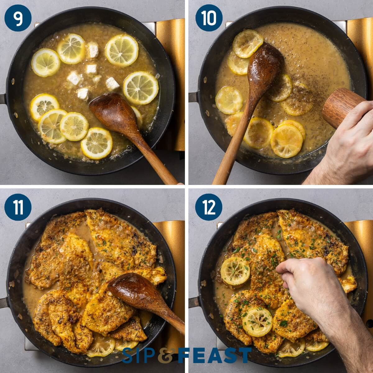 Recipe collage three showing adding lemons slices and butter cubes to the sauce, adding chicken back to the sauce, and finishing with parsley.