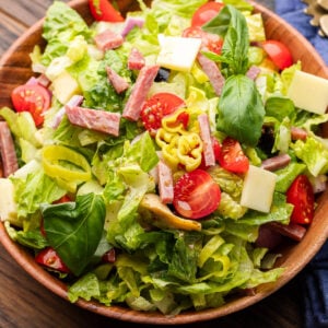 Italian chopped salad in wood bowl.