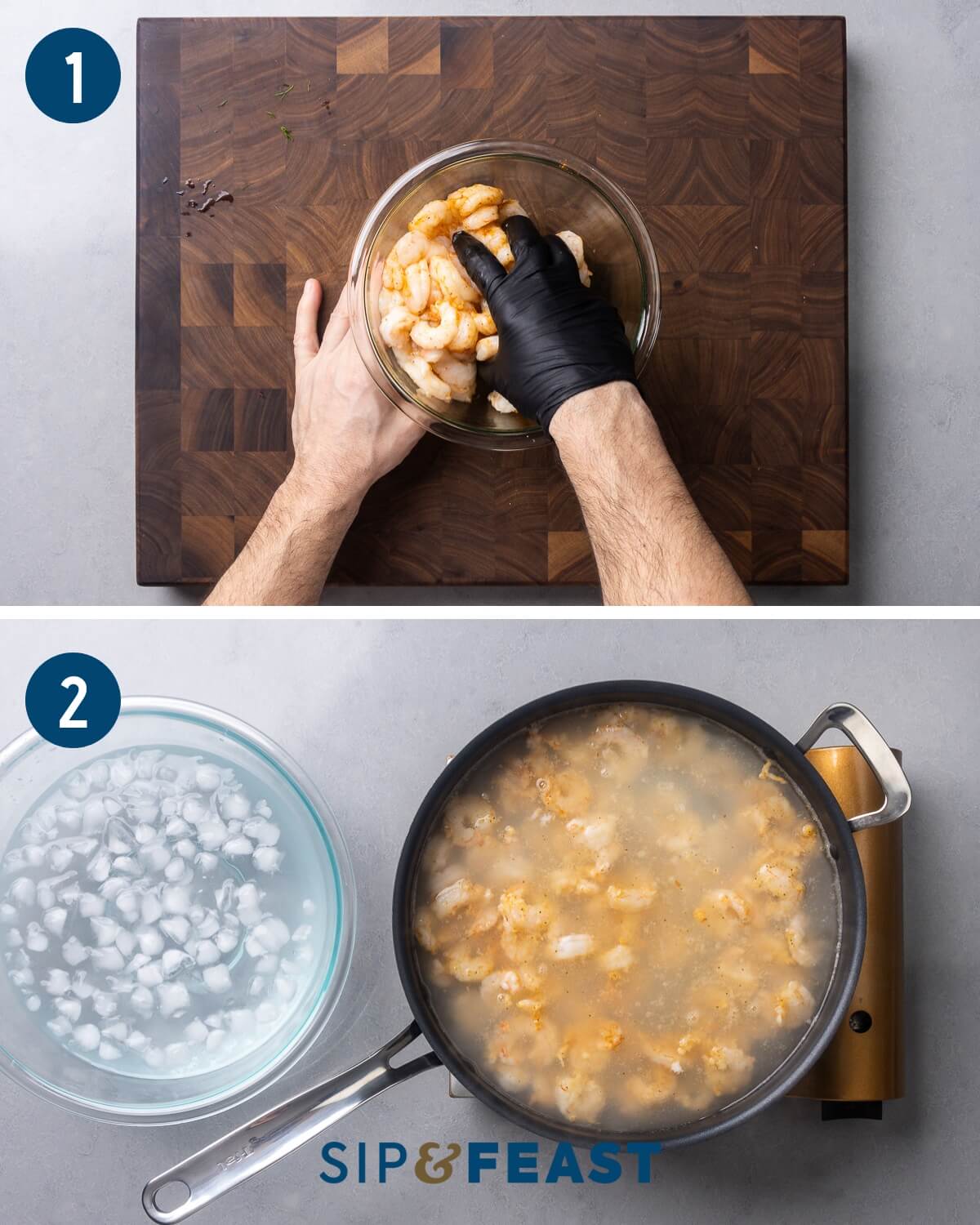 New York deli shrimp salad recipe process collage group one showing seasoning shrimp and boiling shrimp next to an ice water bath.