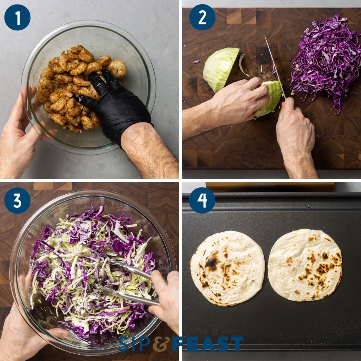 Spicy shrimp tacos recipe collage group one showing mixing shrimp in bowl, slicing cabbage, mixing cabbage with sauce, and charring of tortillas in griddle pan.