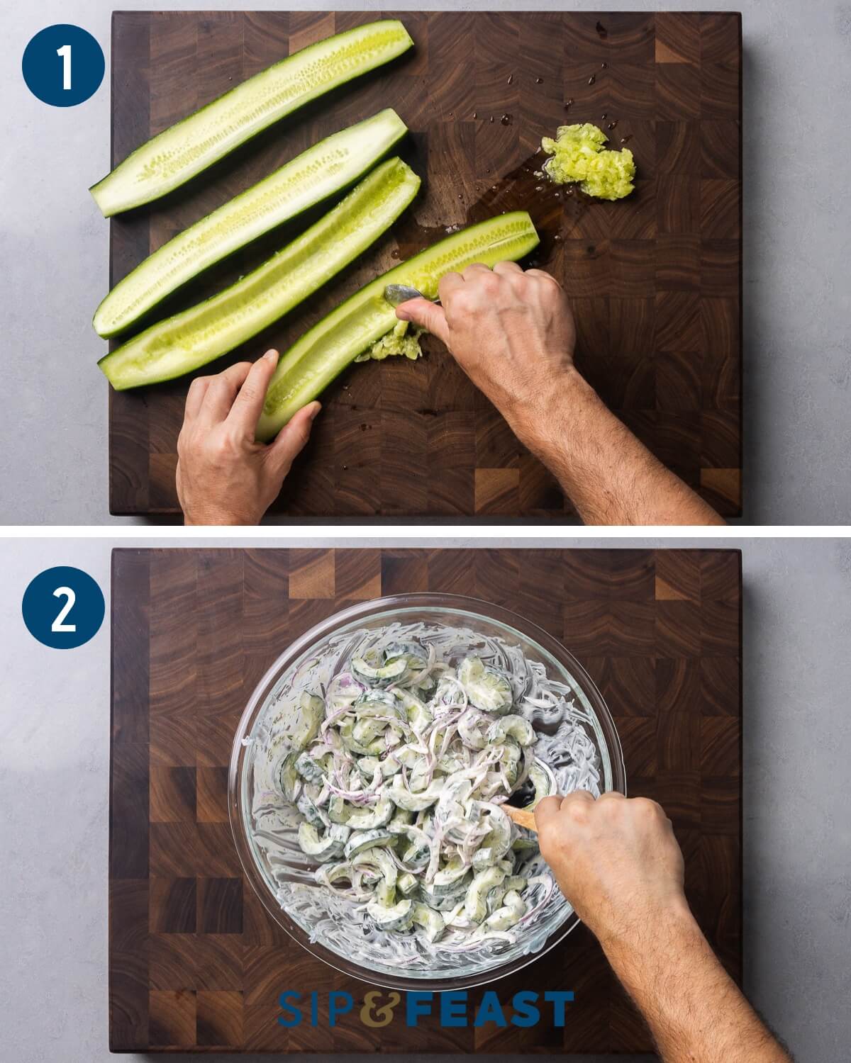 Creamy cucumber salad recipe process collage showing removing seeds from cucumbers and mixing the salad with the dressing.