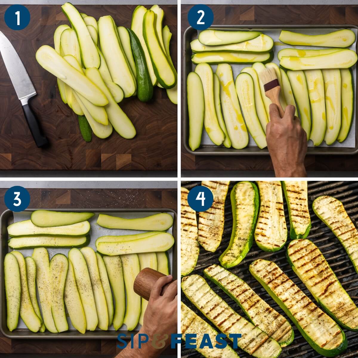 Recipe process shot collage showing slicing of zucchini, spreading olive oil onto each piece, seasoning, and grilling.
