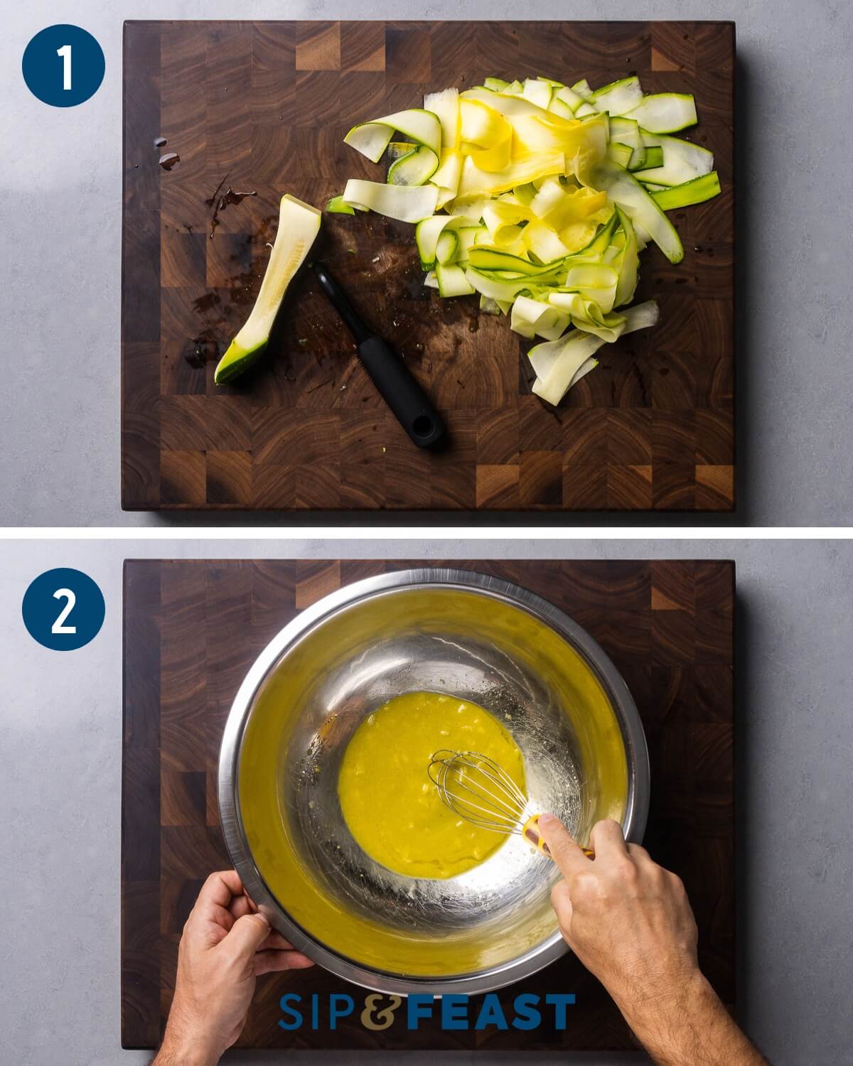 Shaved zucchini salad recipe process collage group one showing ribbons of zucchini and mixing the vinaigrette.