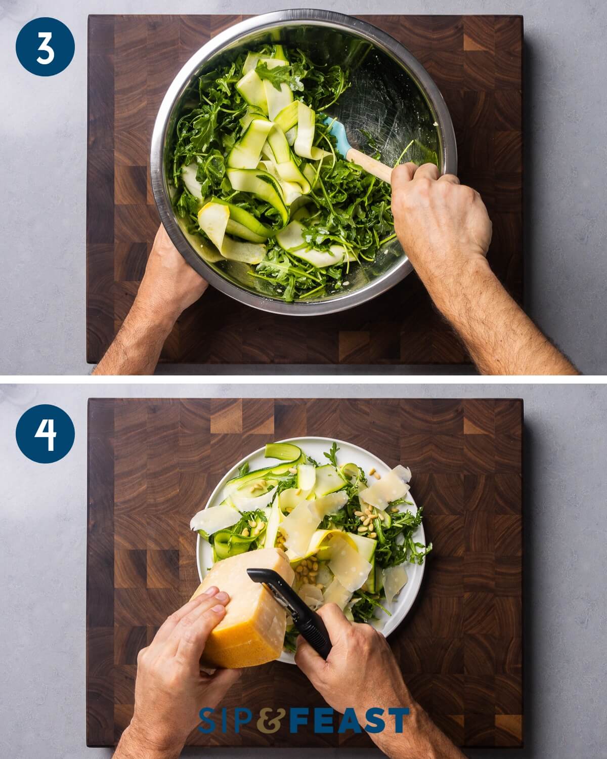 Recipe collage group two showing mixing of salad in large bowl and shaving parmesan cheese with vegetable peeler.