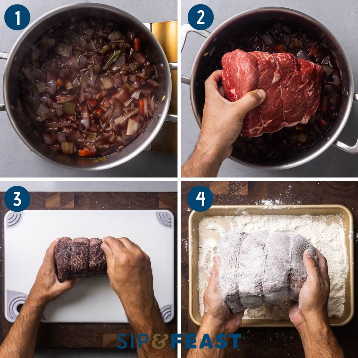 Sauerbraten recipe process collage group one showing boiling marinade mixture in pot, adding rump roast to cooled marinade, seasoning rump roast with salt and pepper, and dredging roast in flour.