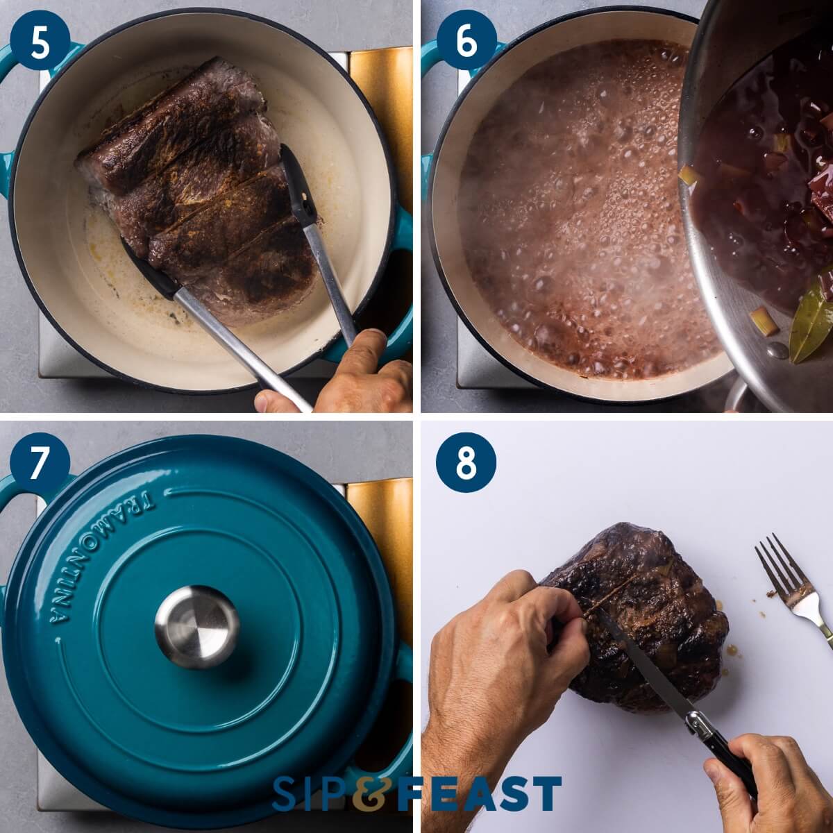 Recipe process collage group two showing searing of rump roast, boiling sauce, adding roast to pot with cover, and testing roast for tenderness.