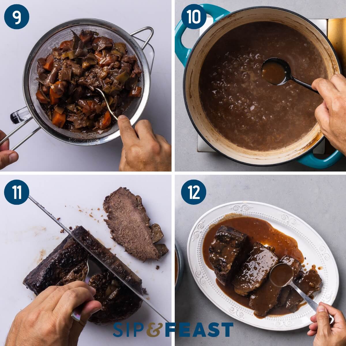Recipe collage three showing straining of sauce, boiling sauce to thicken, slicing the rump roast, and covering sliced sauerbraten in gravy.