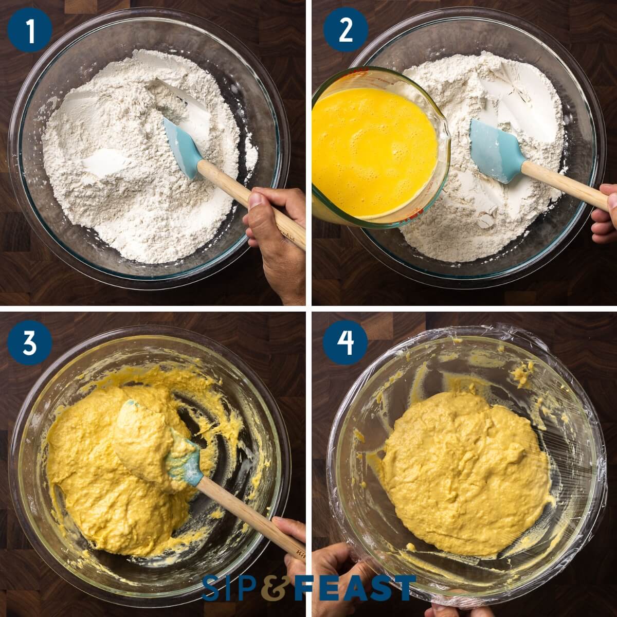 Spaetzle recipe process shot collage group one showing mixing of dry ingredients, pouring eggs into flour, mixing the batter, and covering the batter with plastic wrap.