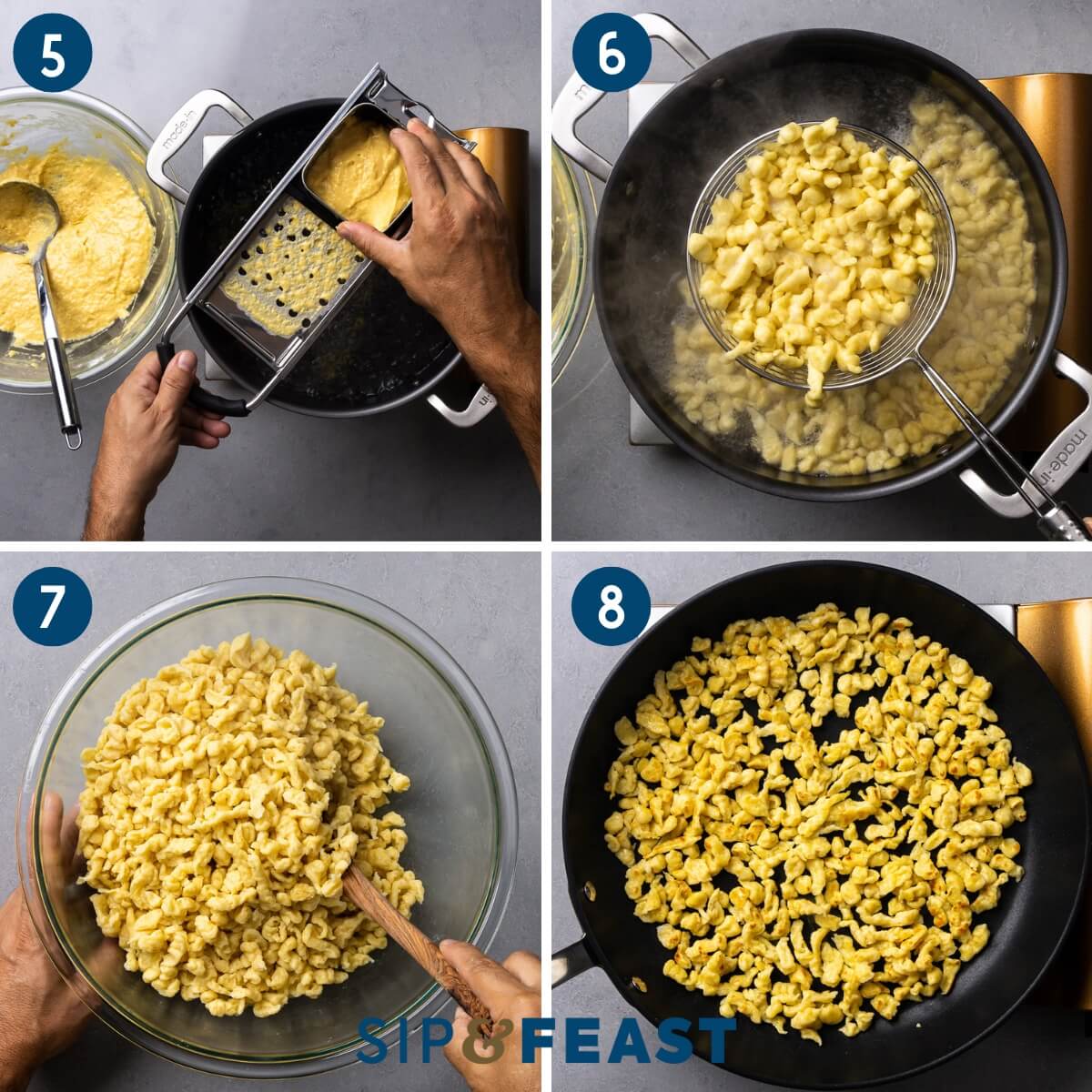 Recipe collage two showing using the spaetzle maker above pot of water, using a pasta spider to remove the cooked spaetzle. mixing the cooked spaetzle with butter, and frying the spaetzle in large black pan.