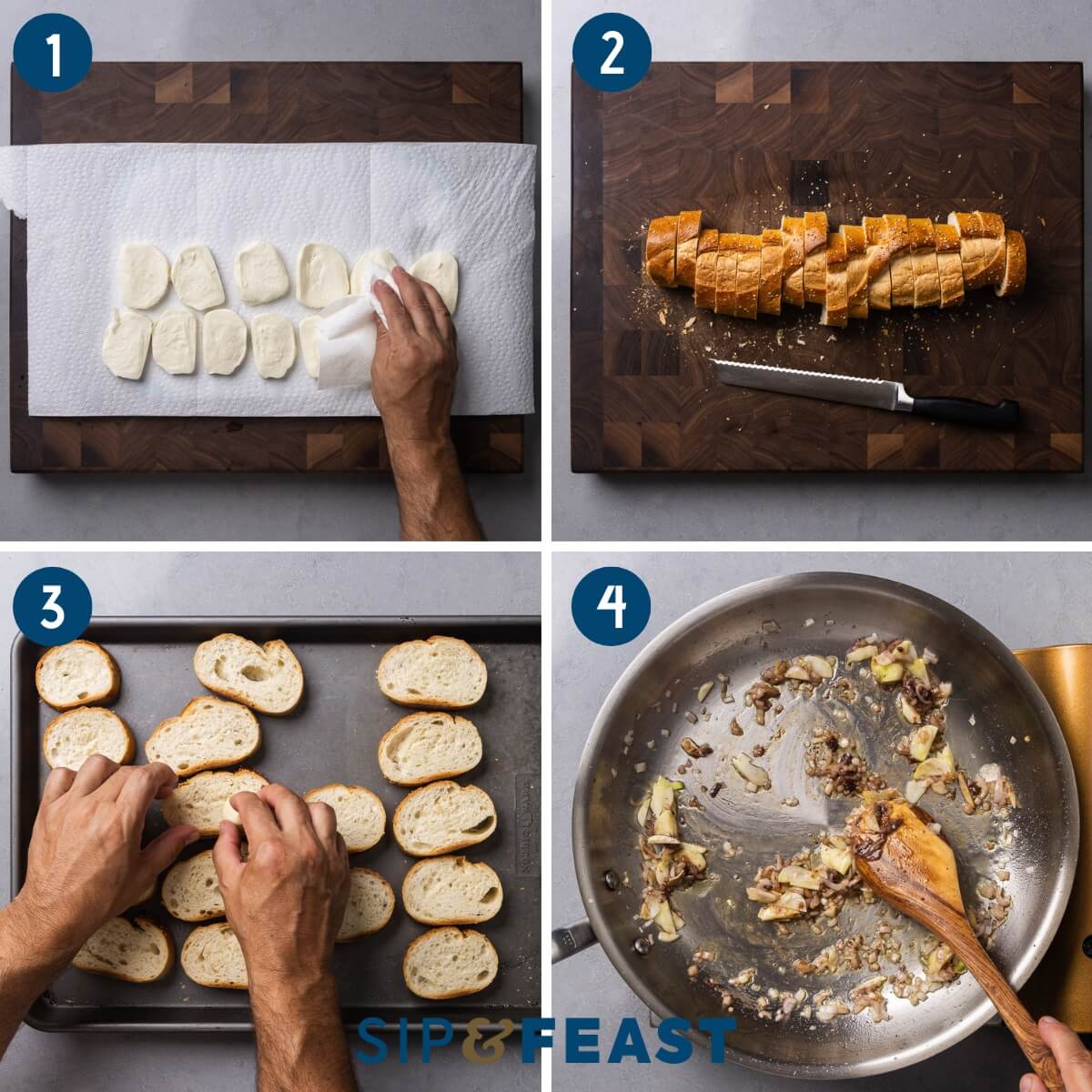 Spiedini alla Romana recipe process collage group one showing drying off mozzarella slices, cutting bread, rubbing garlic clove onto toasted bread slices, and sauteing garlic, anchovies, and shallots in pan.