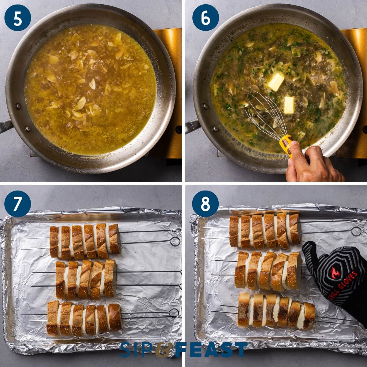 Recipe collage group two showing making sauce, whisking butter cubes into sauce, toasting bread with mozzarella slices on skewers.