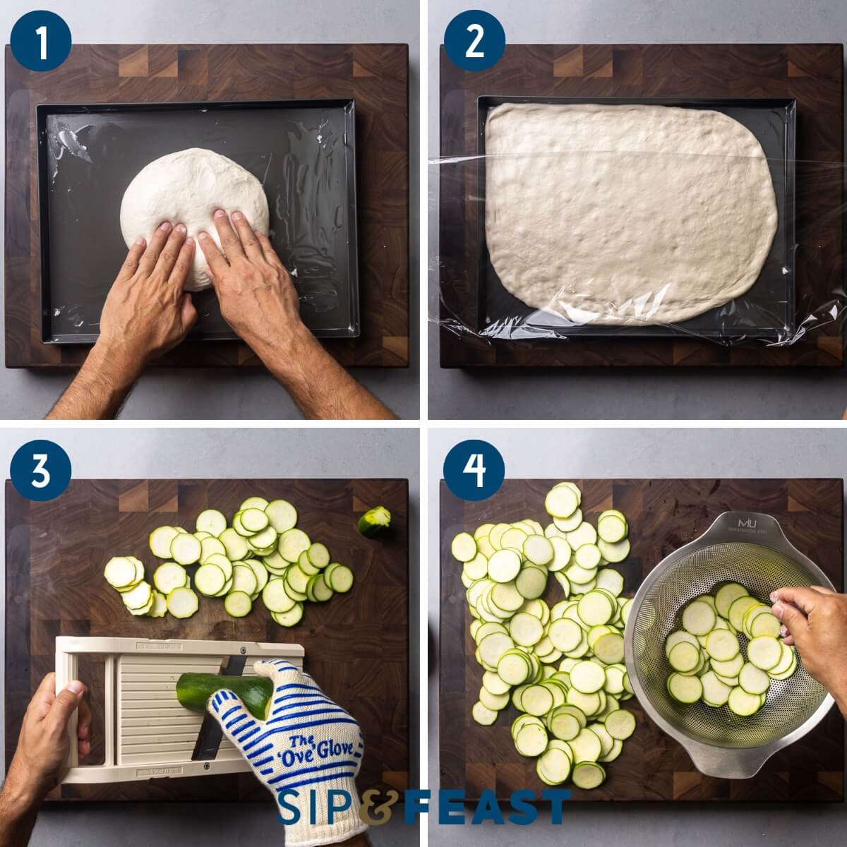 Zucchini pizza recipe process collage group one showing pressing pizza dough into pan, covering pan with plastic wrap, cutting zucchini with mandoline, and salting zucchini slices in colander.