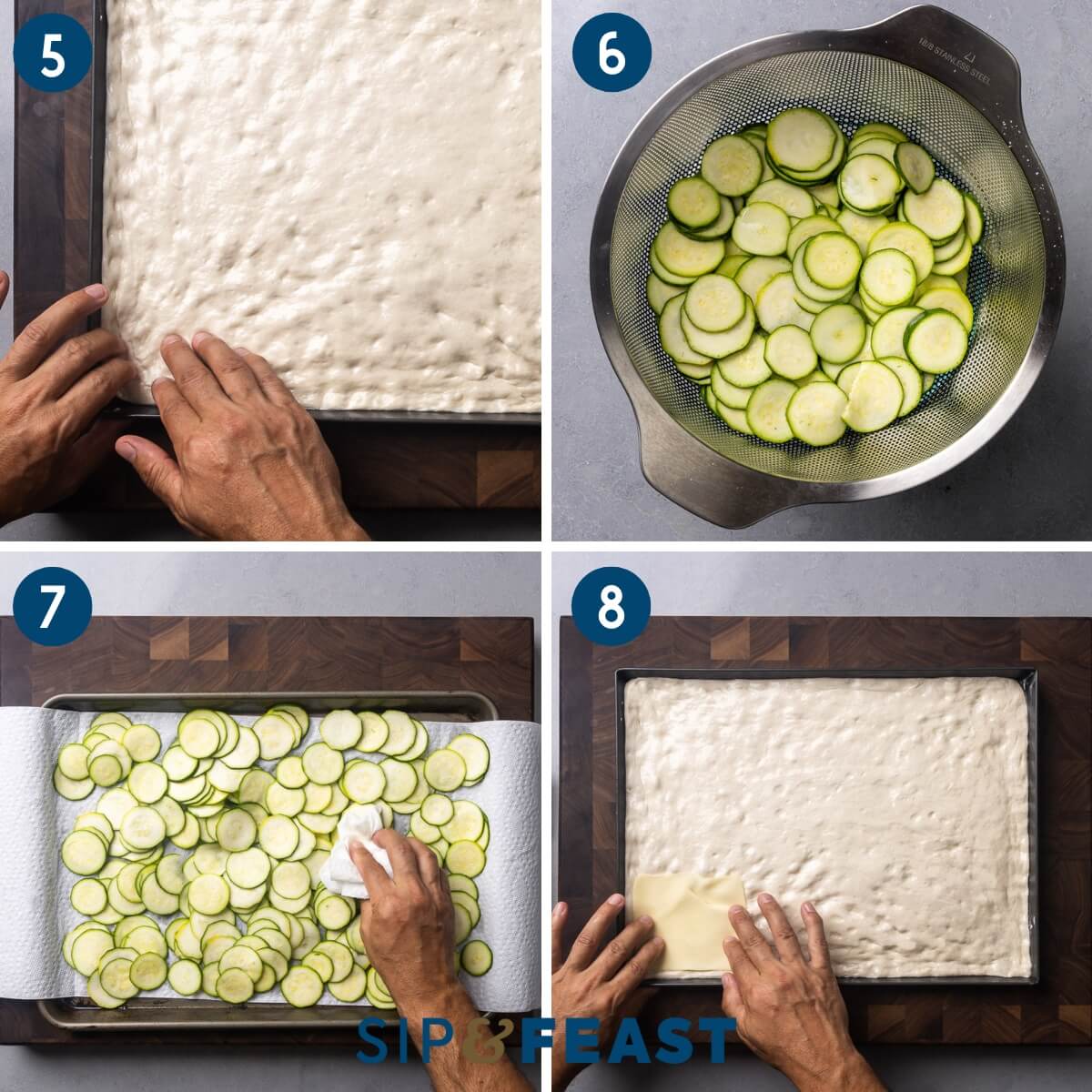 Recipe collage two showing pressing dough into pan, zucchini in colander releasing water, drying zucchini with paper towels, and placing cheese onto pizza.