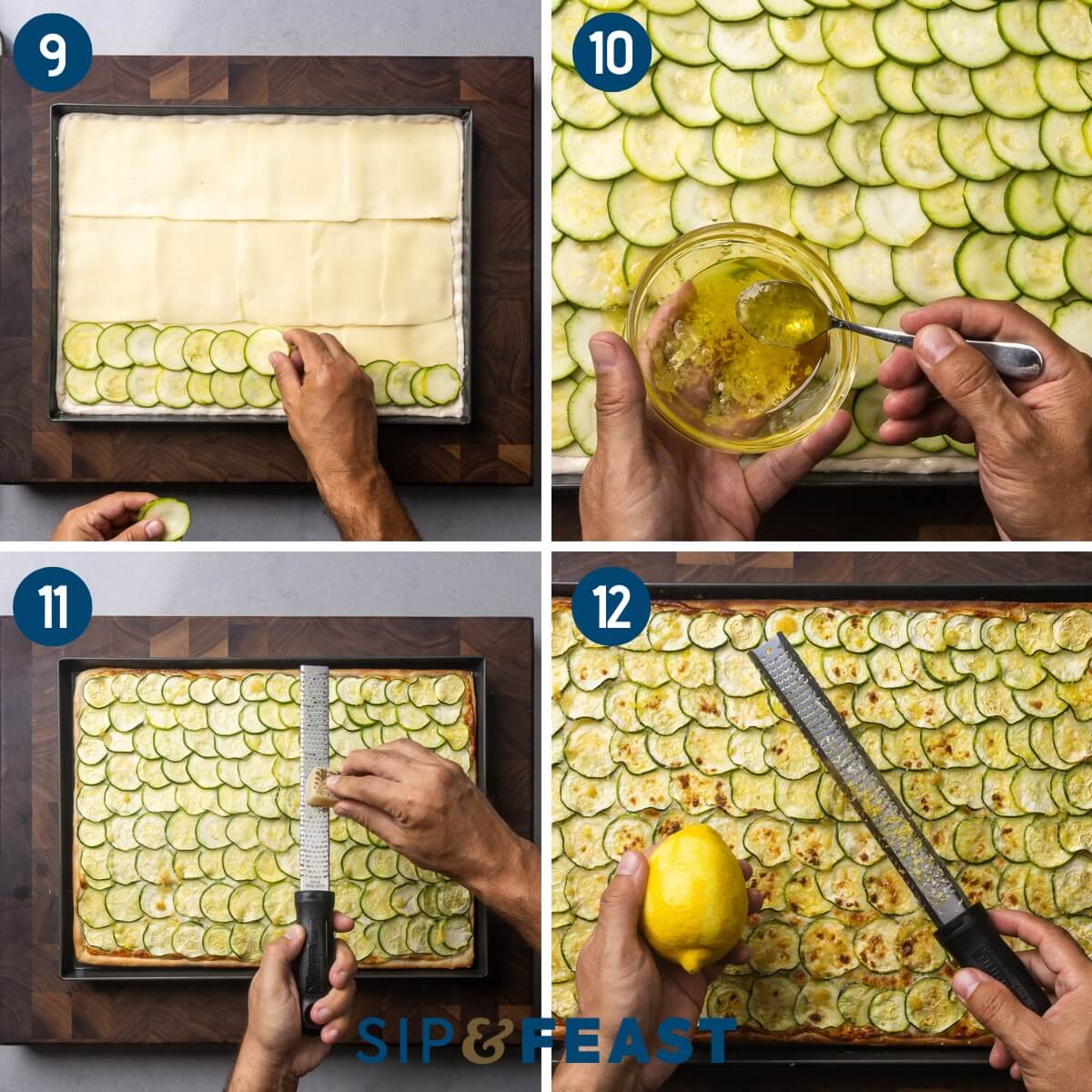 Recipe collage three showing placing zucchini onto pizza, drizzling garlic oil, grating cheese, and zesting lemon onto cooked pizza.