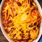 Chili mac in baking dish.