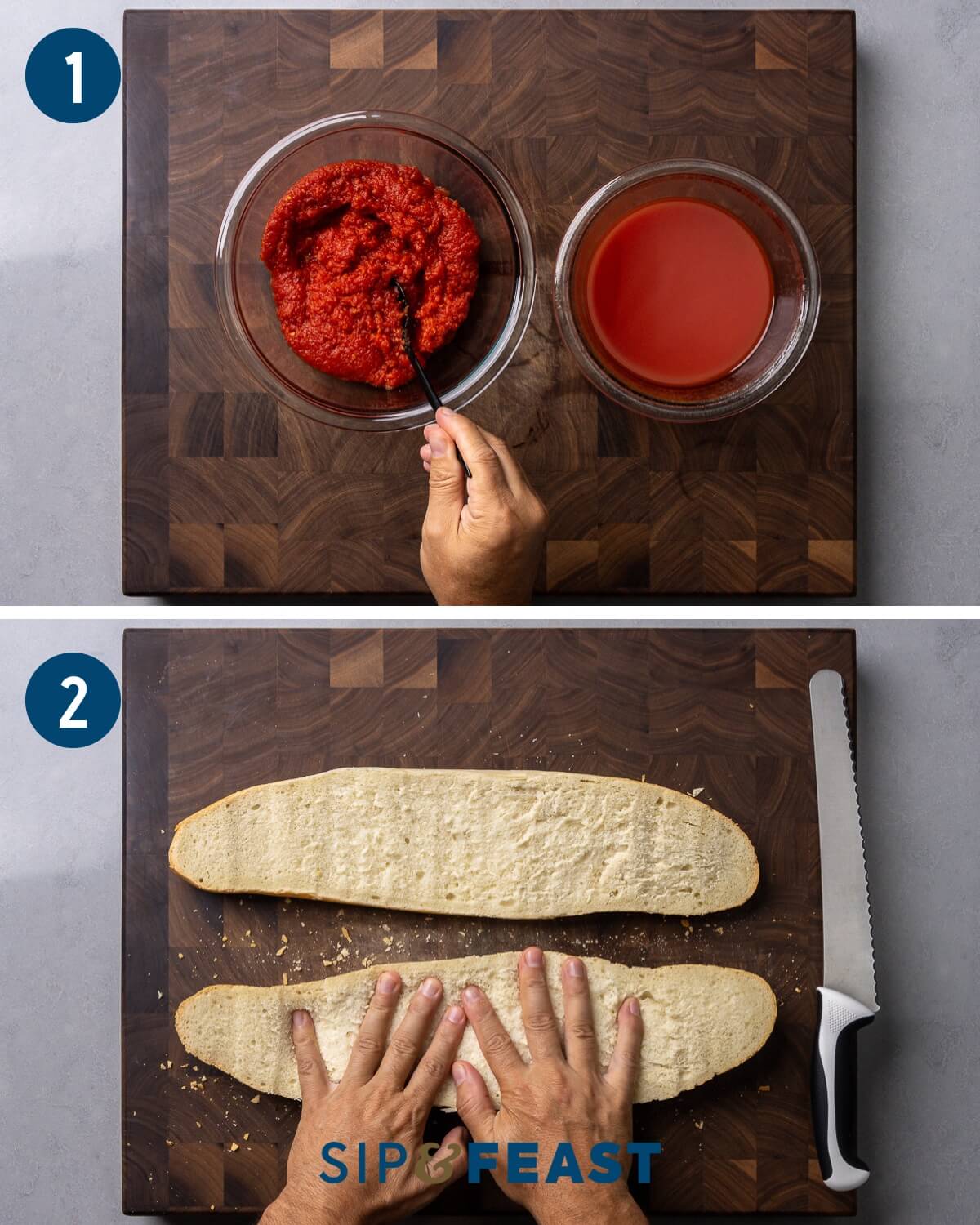 French bread pizza recipe collage group one showing straining of canned tomatoes and pressing down cut loaf of French bread.