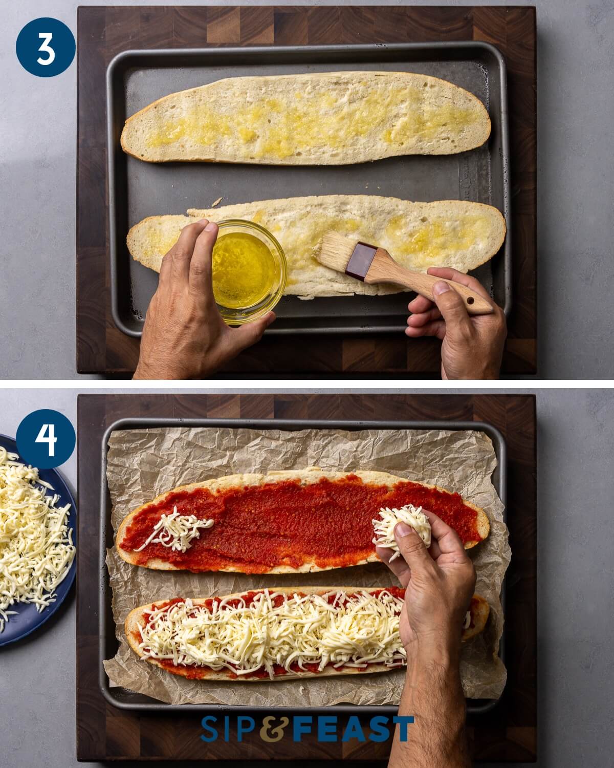 Recipe collage two showing brushing bread with garlic oil and adding sauce and cheese to the bread.