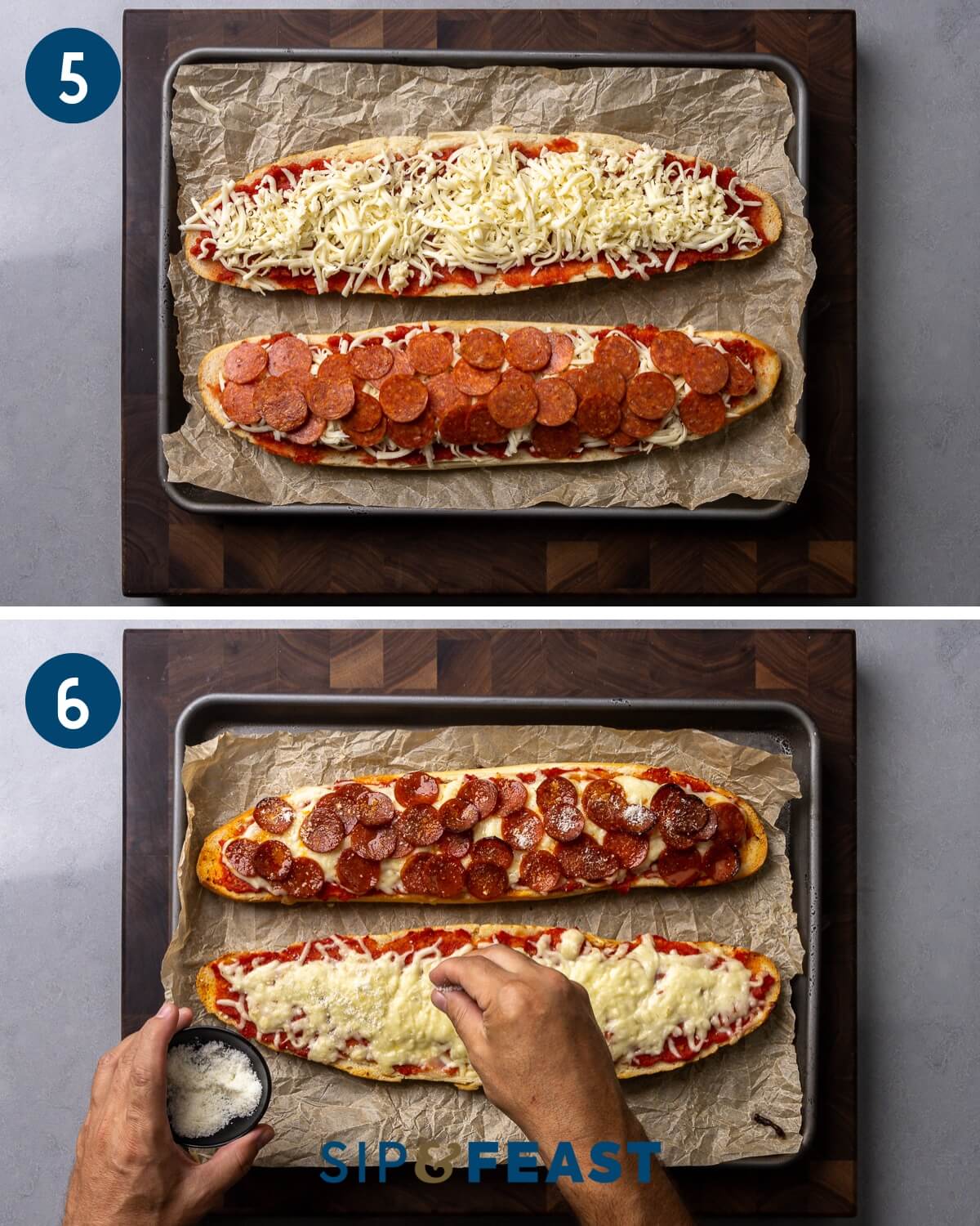 Recipe collage three showing adding pepperoni on one side and adding Pecorino Romano to the cooked pizza.