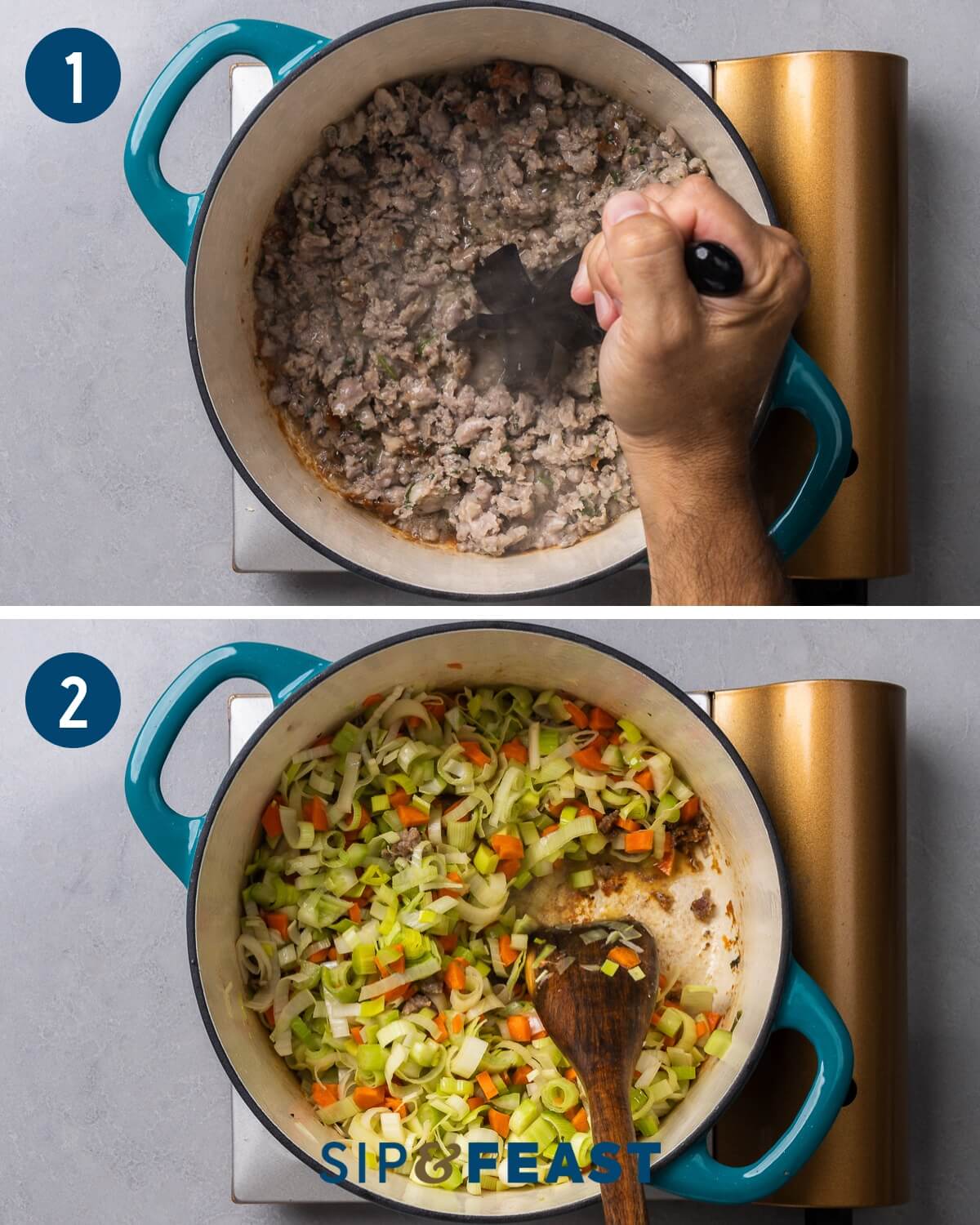 Sausage gnocchi soup recipe process collage group one showing sauteing of sausage in Dutch oven and sauteing carrots, leeks, and celery.