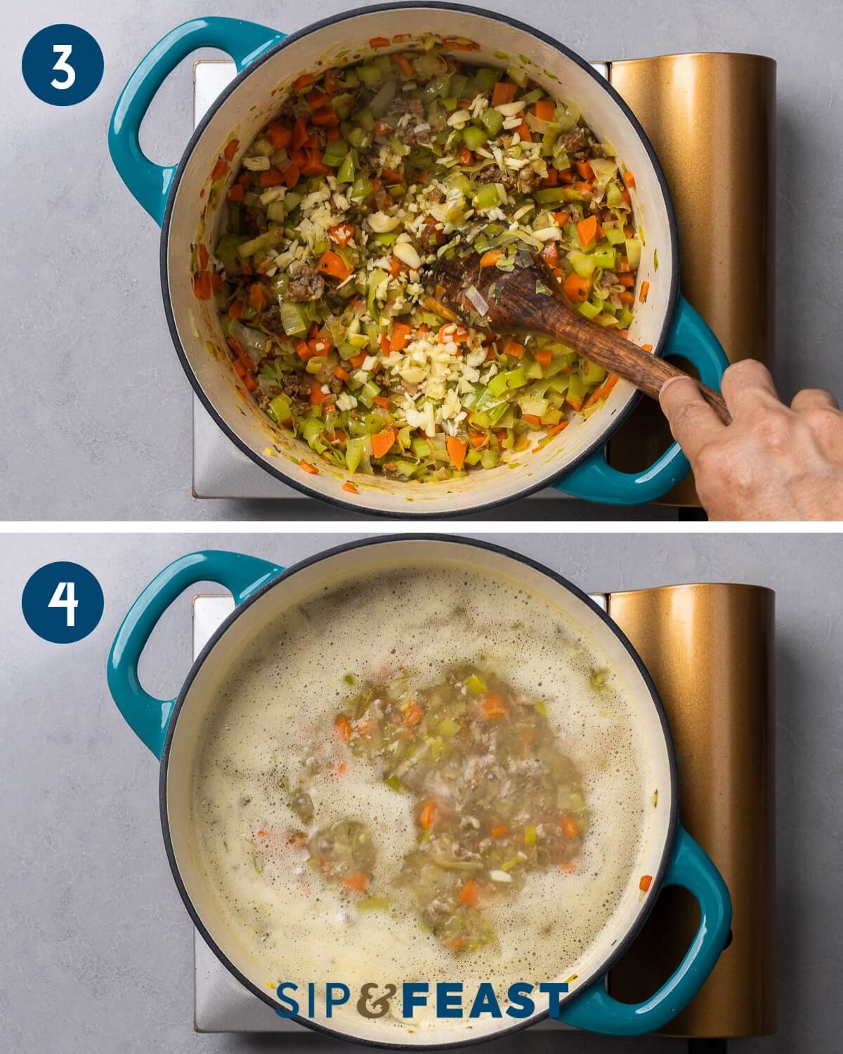 Recipe collage two showing adding minced garlic to the pot and bringing soup to a simmer.