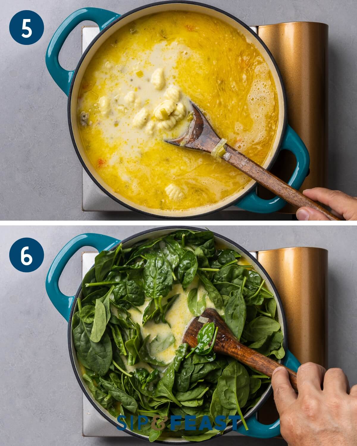 Recipe collage three showing adding gnocchi and cream to the soup and adding spinach.