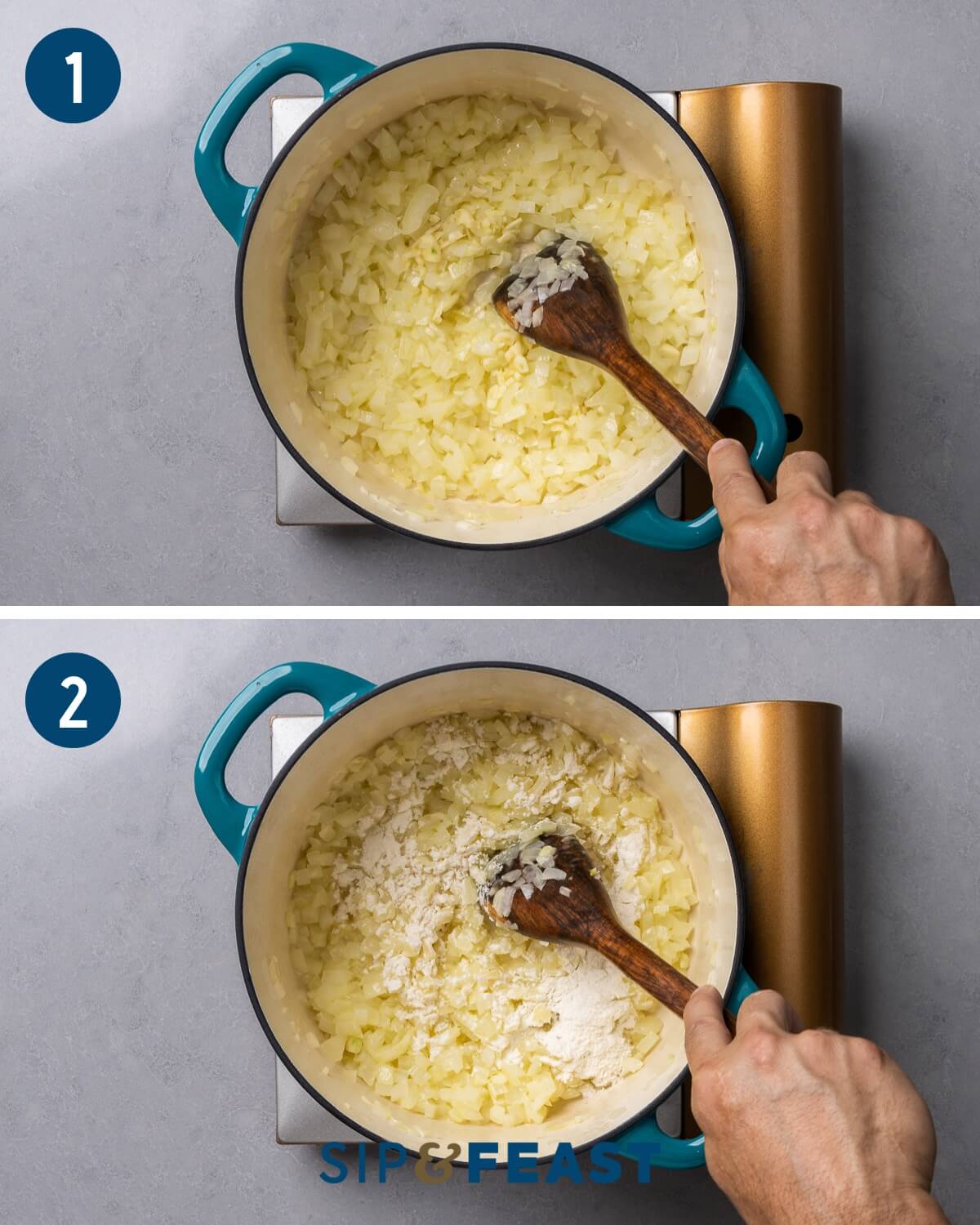 Creamy tomato soup recipe process collage group one showing sauteing of onions in pot and adding flour to the pot.