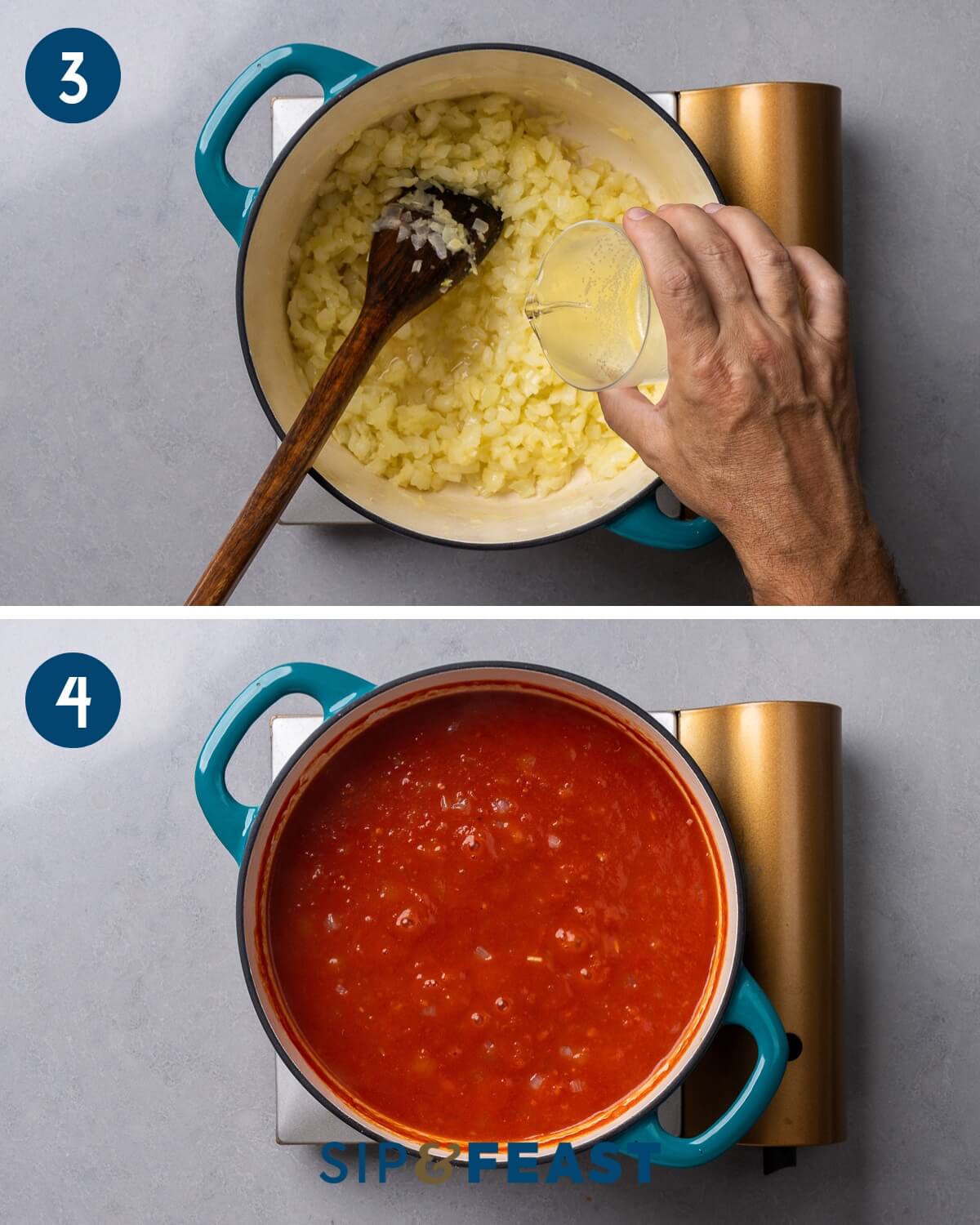 Recipe collage two showing adding white wine and adding the crushed tomatoes to the pot.