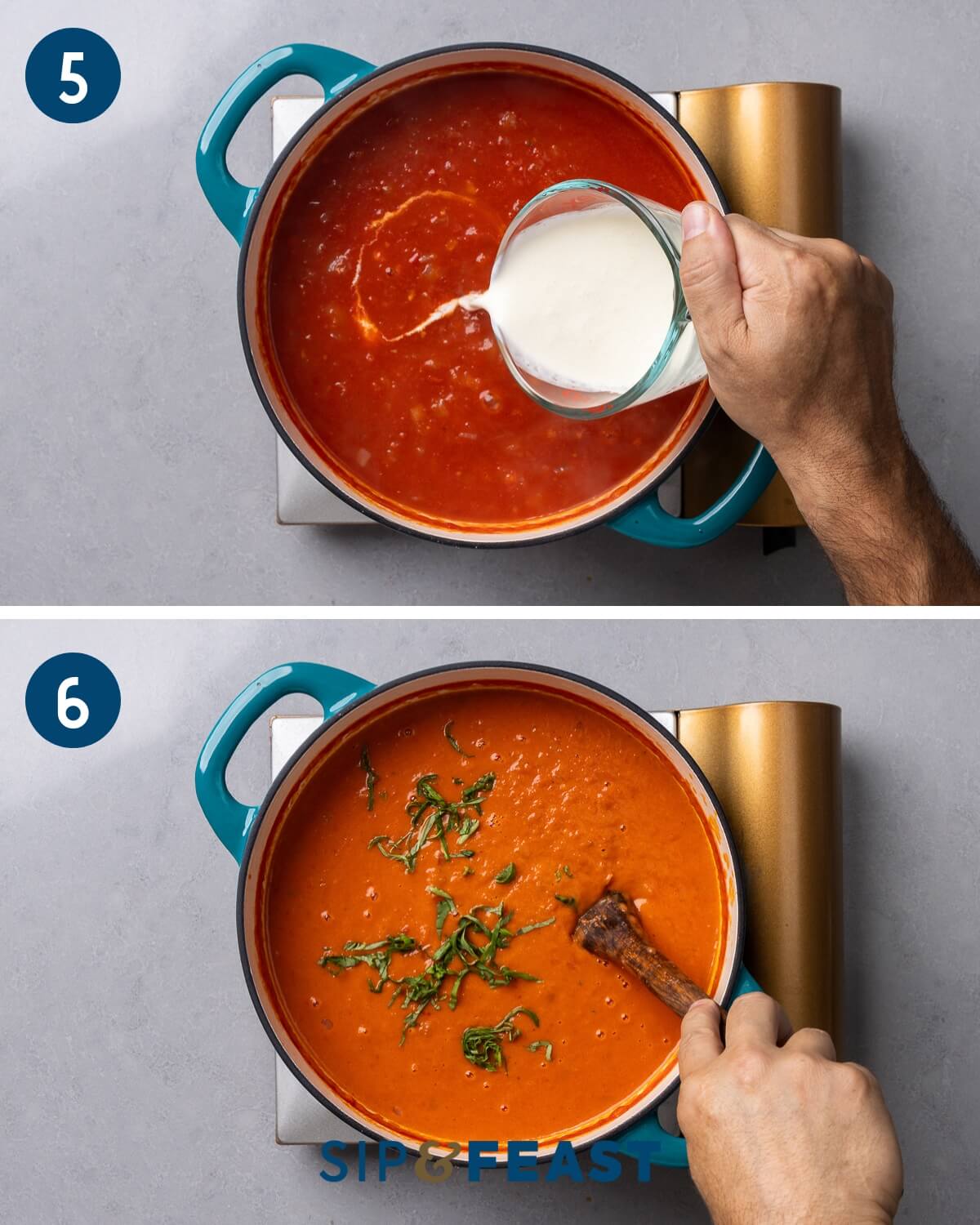 Recipe collage three showing adding cream to the soup and simmering soup and topping with basil.