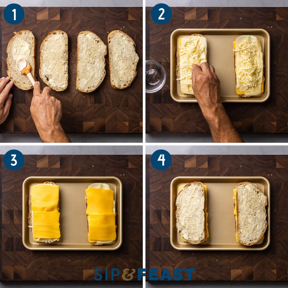 Grilled cheese recipe process shot collage group one showing buttering sourdough bread, adding cheese, and placing assembled ready-to-fry sandwiches on baking sheet.