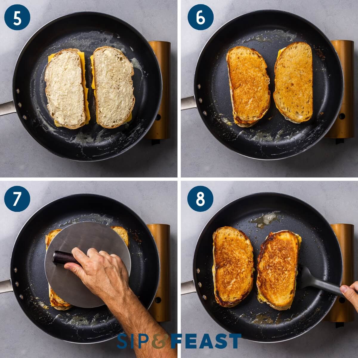 Recipe collage two showing making the grilled cheese in nonstick pan.
