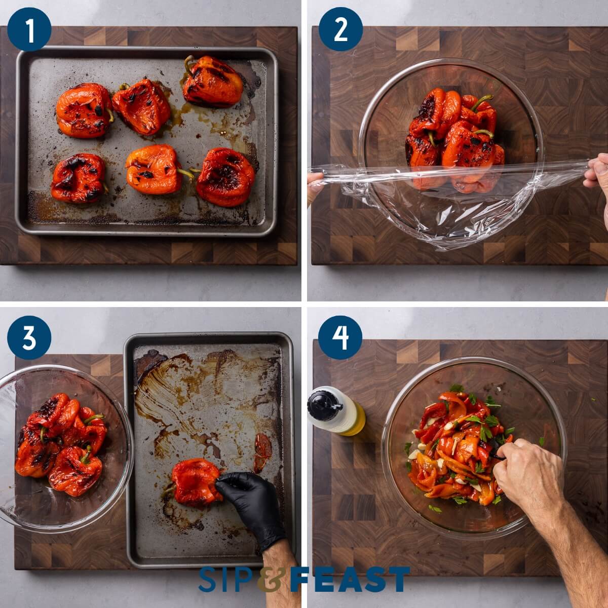 Recipe process shot collage showing roasted peppers on baking sheet, peppers in bowl with plastic wrap, removing skins and seeds, and tossing the peppers with olive oil, garlic, and parsley.