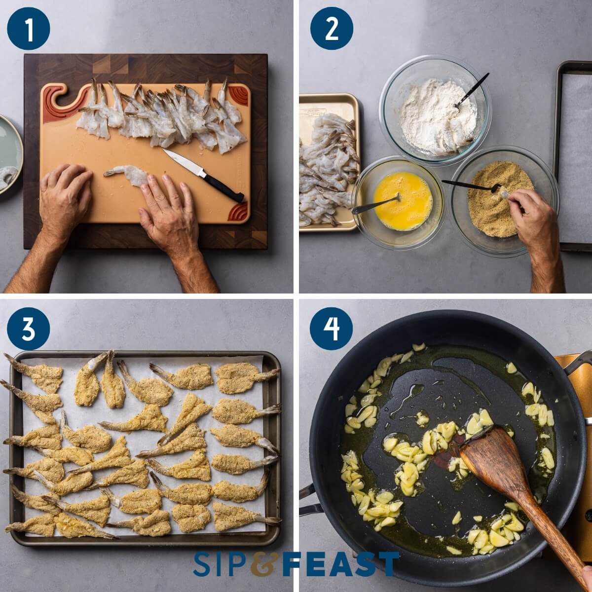 Shrimp parmigiana recipe process shot collage group one showing butterflying of shrimp, breading the shrimp, placing breaded shrimp on baking sheet, and sauteing garlic in olive oil.