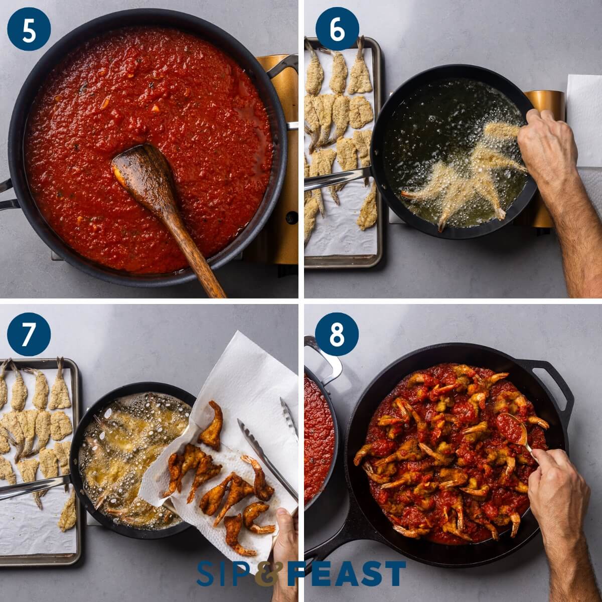 Recipe collage two showing the simmering of the sauce, frying the shrimp in large pan, placing the shrimp on a paper towel lined plate, and saucing the fried shrimp in a large pan.