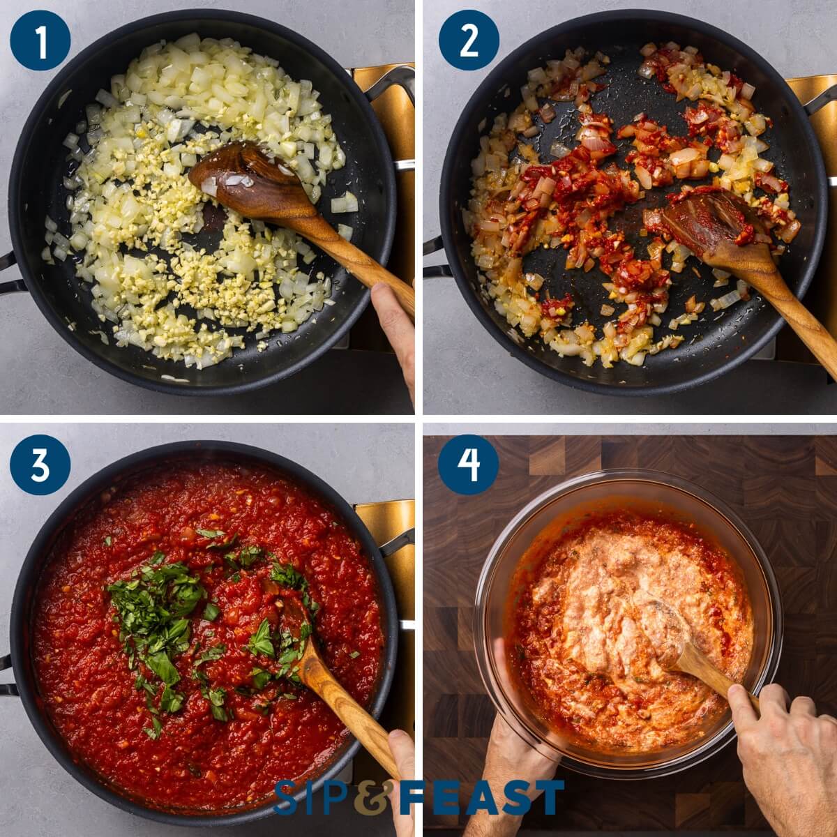 Baked ziti recipe process shot collage group one showing sautein onions and garlic, cooking tomato paste, simmering sauce, and mixing ricotta with sauce in large glass bowl.