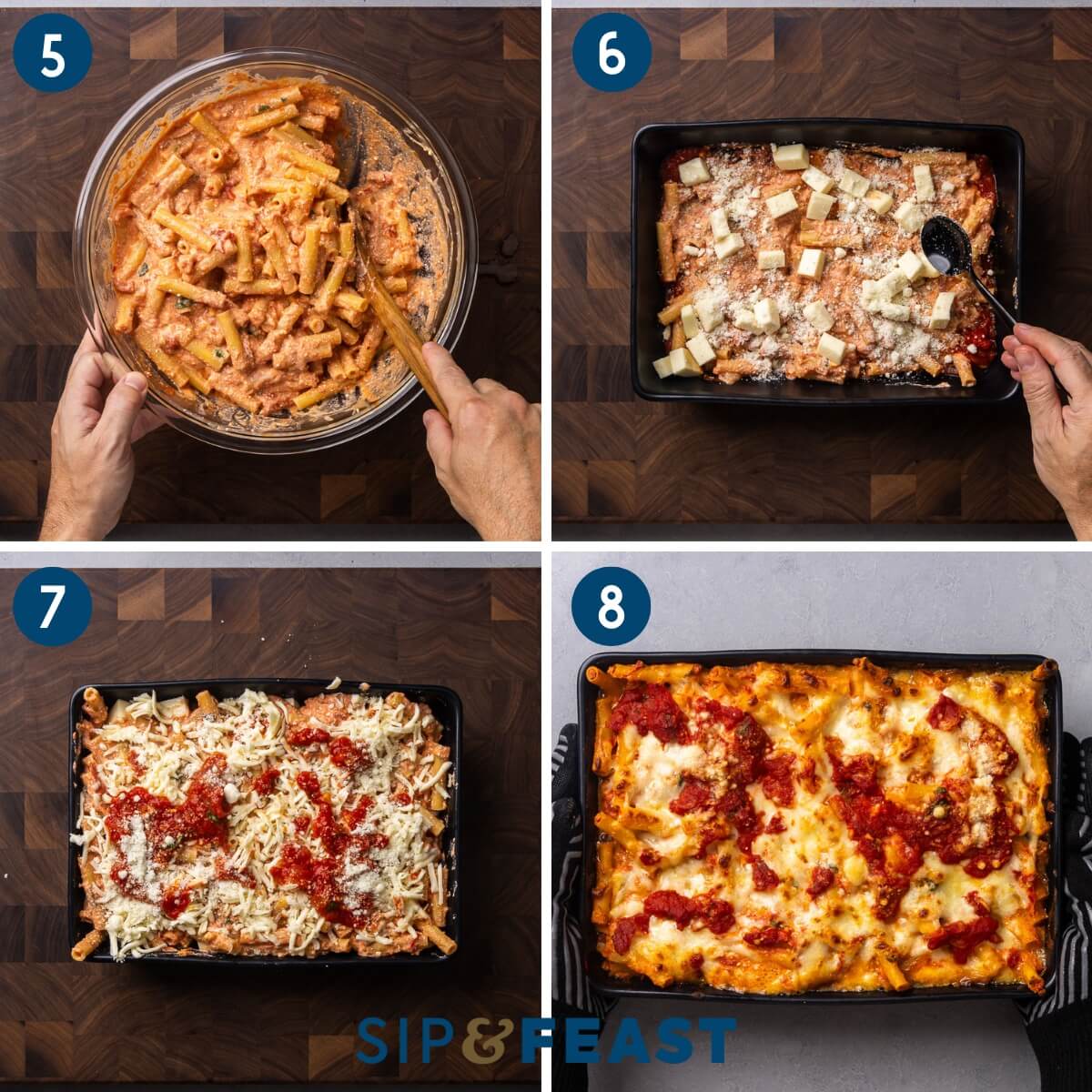 Recipe collage group two showing mixing of pasta with sauce and cheese, layering the pasta in baking dish with mozzarella and Romano cheese, topping with shredded mozzarella, and finished baked ziti held in hands.