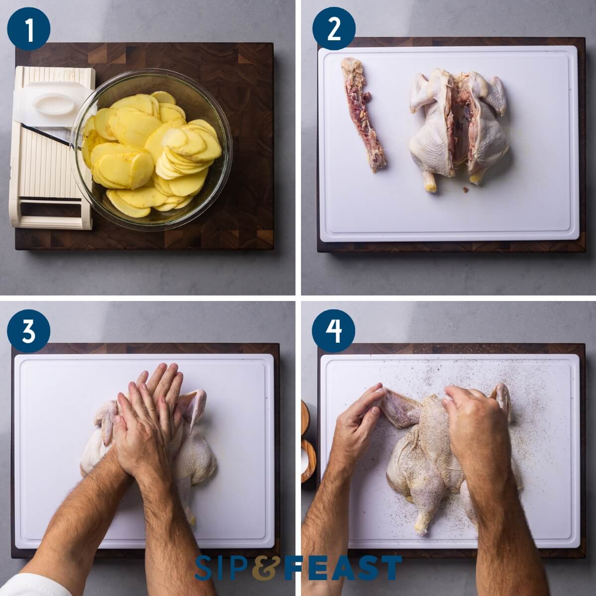 Spatchcock chicken and potatoes recipe process collage group one showing sliced potatoes, removing backbone from chicken, pressing chicke down on cutting board, and seasoning the chicken.