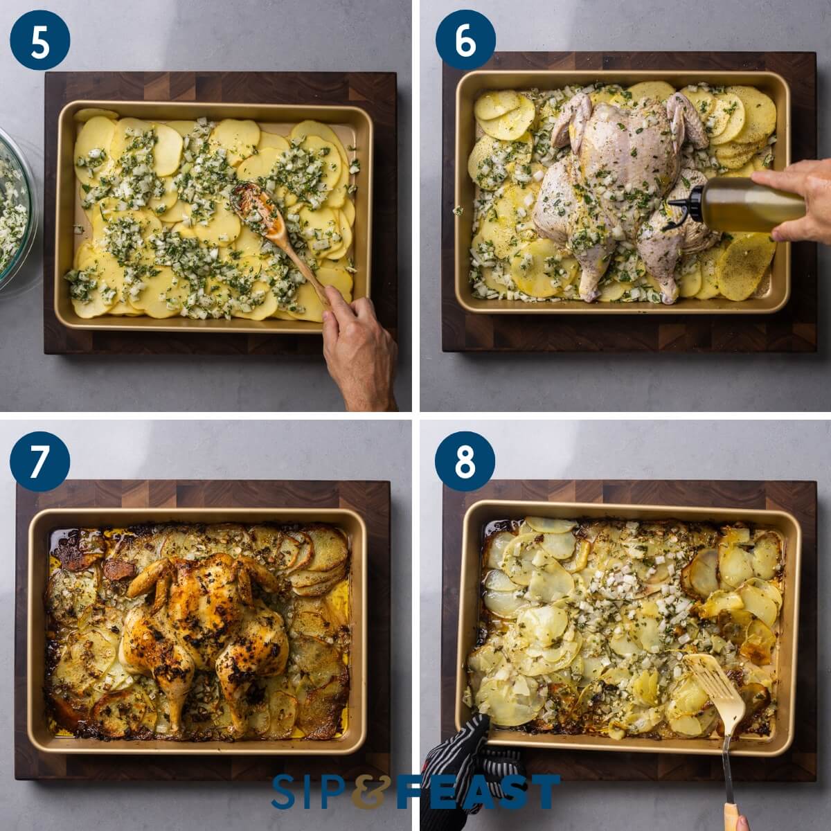 Recipe collage group two showing the sliced potatoes and onion mix in baking pan, adding the chicken to the pan, cooked chicken, and mixing the potatoes with a spatula.