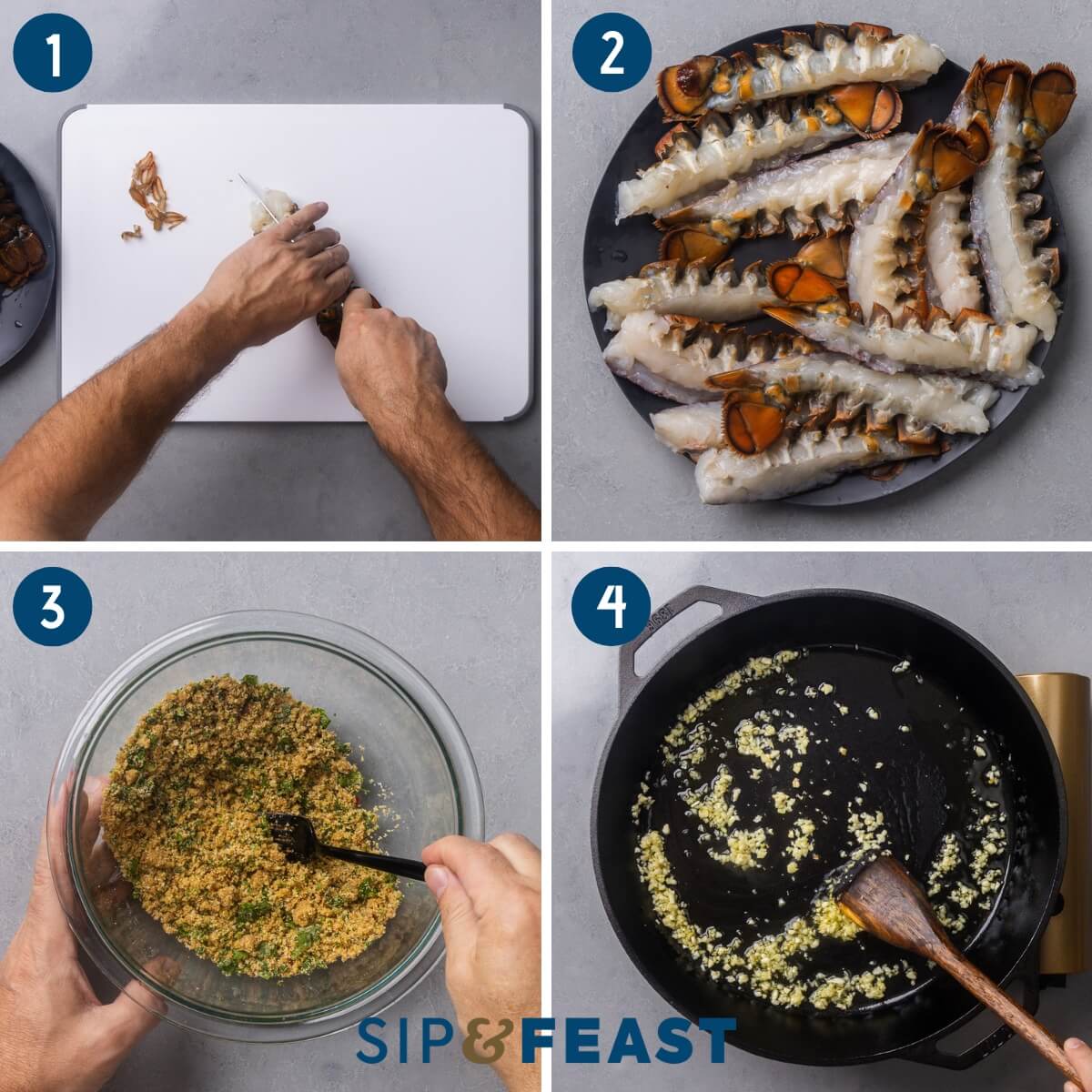 Broiled lobster tails oreganata recipe process collage group one showing the splitting of the lobster tails, mixing the breadcrumbs, and sauteing garlic in large pan.