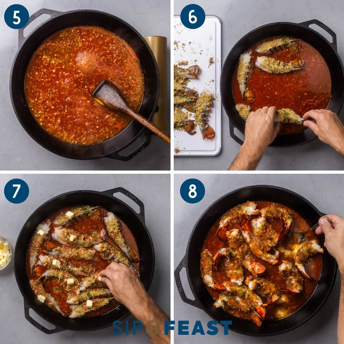 Recipe collage two showing boiling the sauce, adding the breadcrumb coated lobster tails to the pan, adding butter onto each tail, and the finished dish.