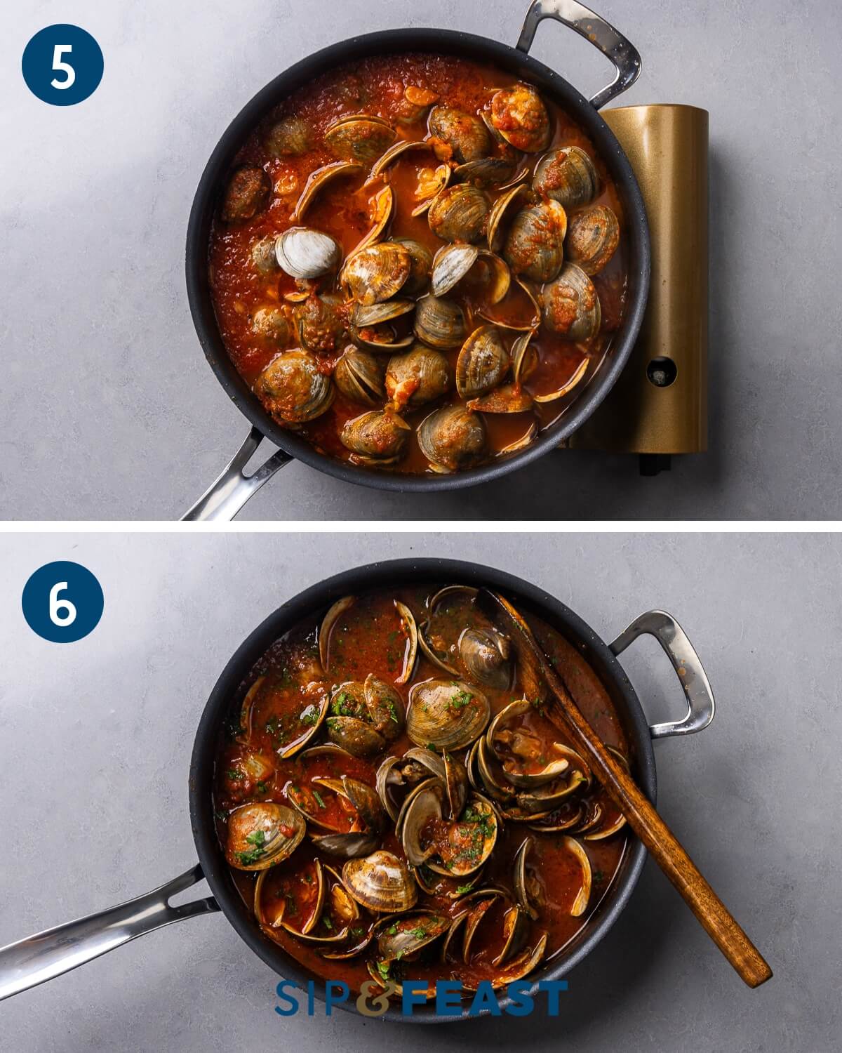 Recipe collage three showing the clams all opened in the sauce and adding parsley and basil.