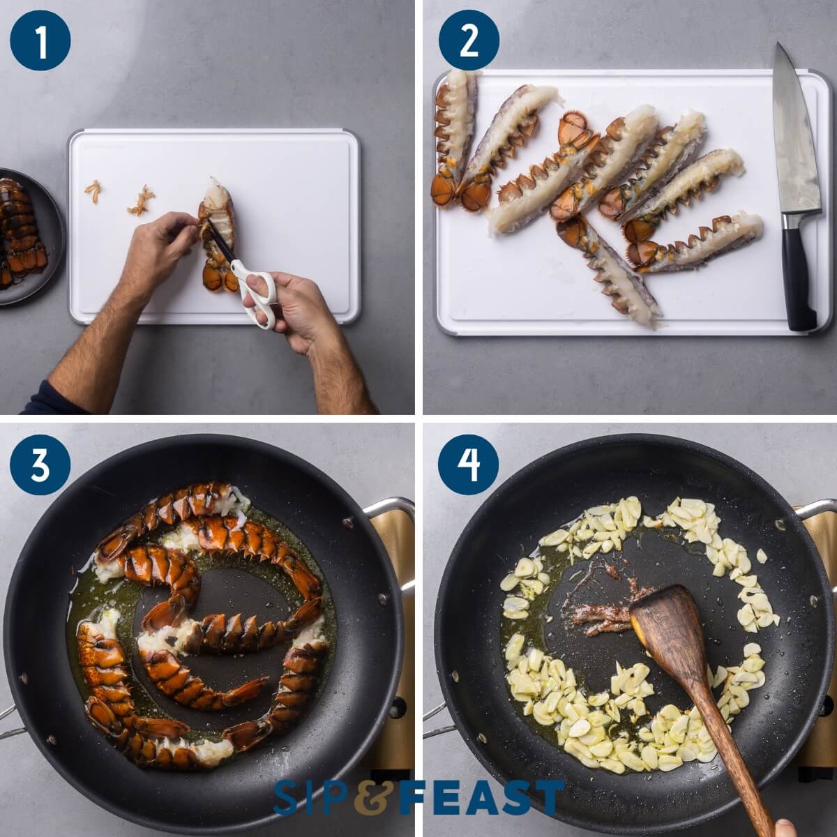 Lobster fra diavolo recipe process shot collage group one showing cleaning and splitting lobster tails, frying the tails in large pan, and sauteing garlic and anchovies.