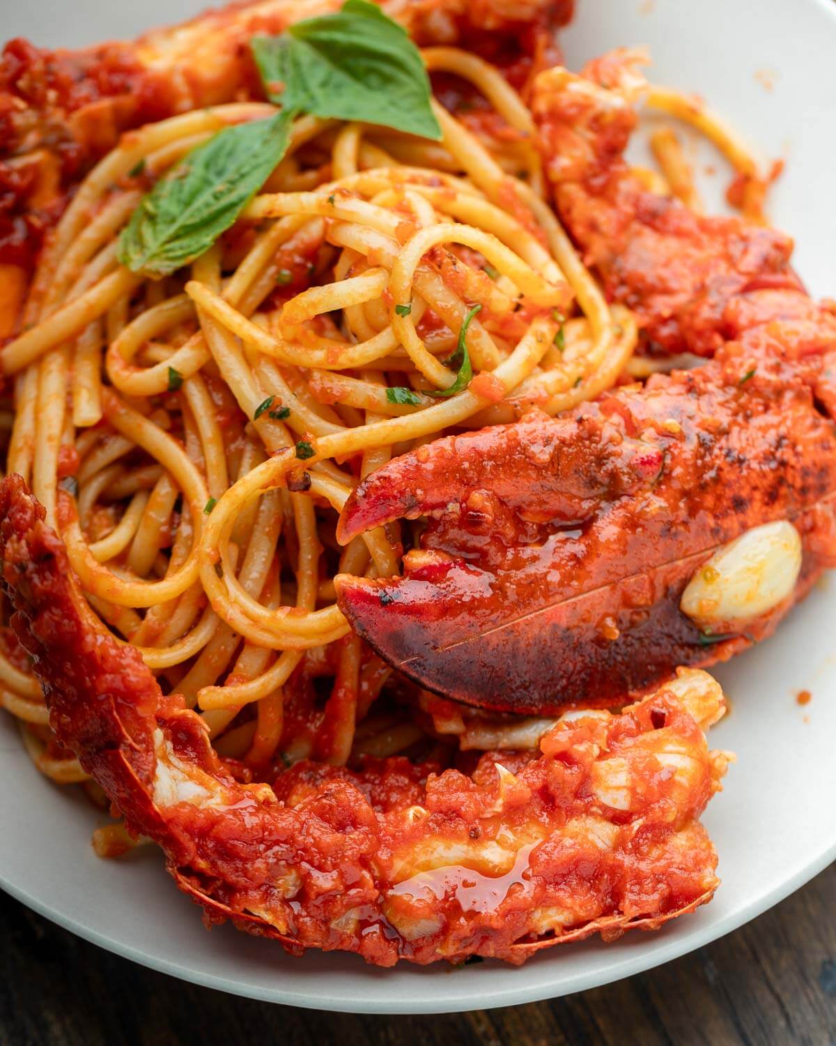 Lobster fra diavolo with linguine in white plate.