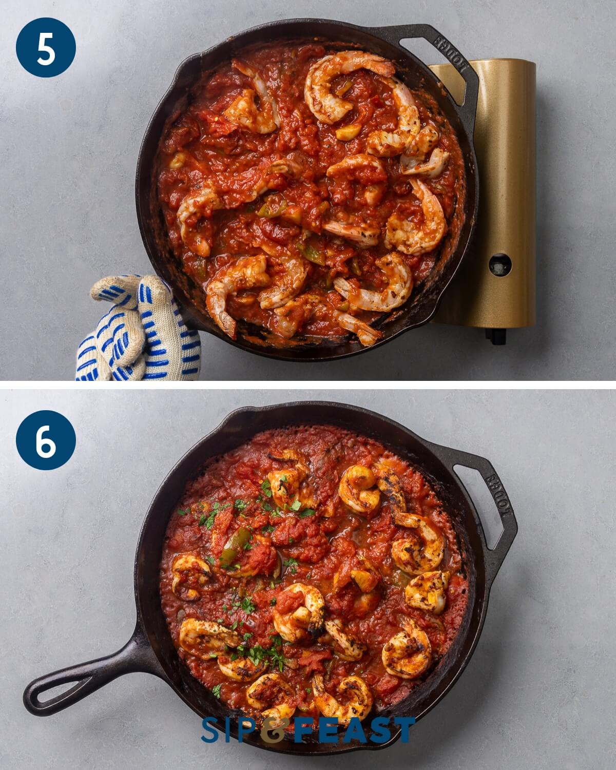 Recipe collage three showing the shrimp in the sauce and the finished broiled shrimp dish.