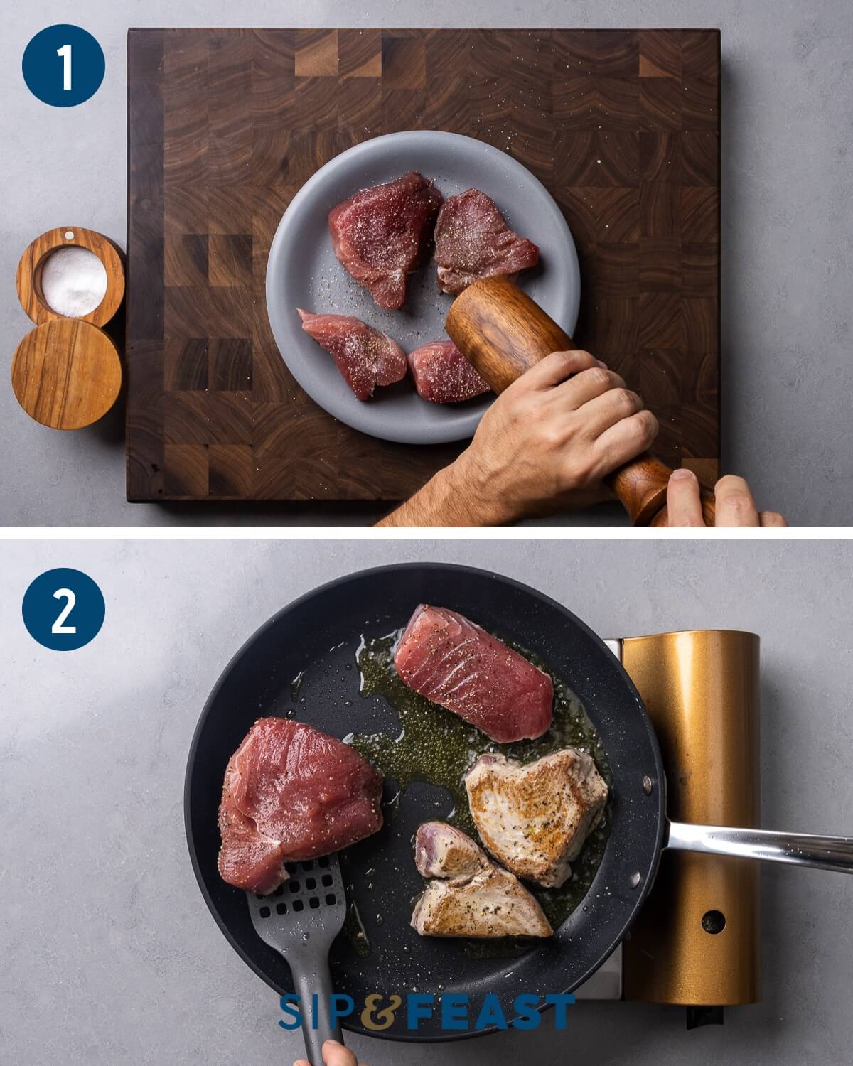 Sicilian-style tuna steaks recipe process collage group one showing seasoning of tuna steaks and searing them in a pan.