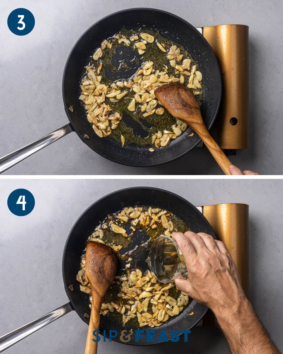 Recipe collage group two showing sauteing of garlic and anchovies and adding white wine to the pan.