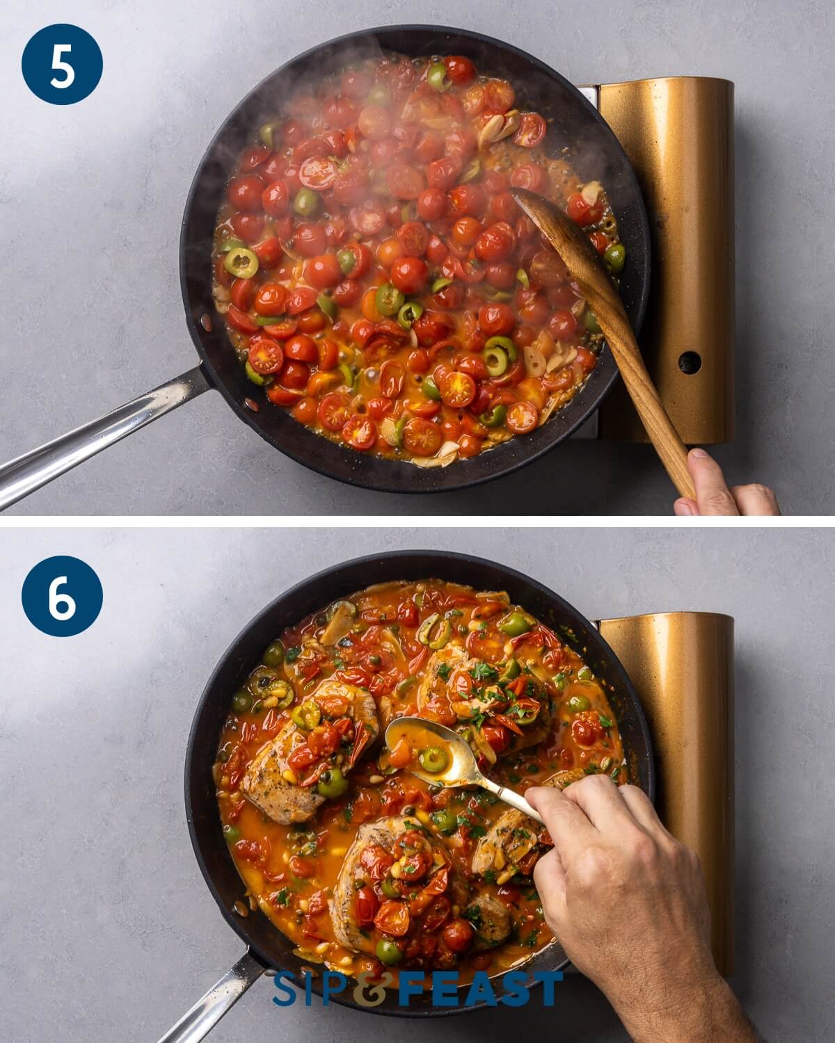 Recipe collage three showing simmering of the sauce and adding the tuna steaks to the sauce and spooning the sauce on top.