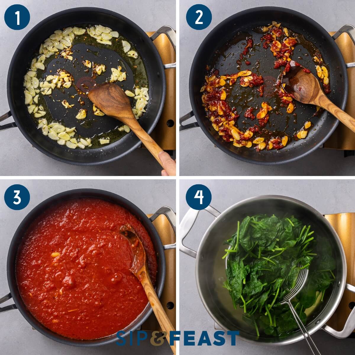 Stuffed shells recipe process collage group one showing sauteing garlic in large pan, frying the tomato paste, simmering the sauce, and blanching spinach.