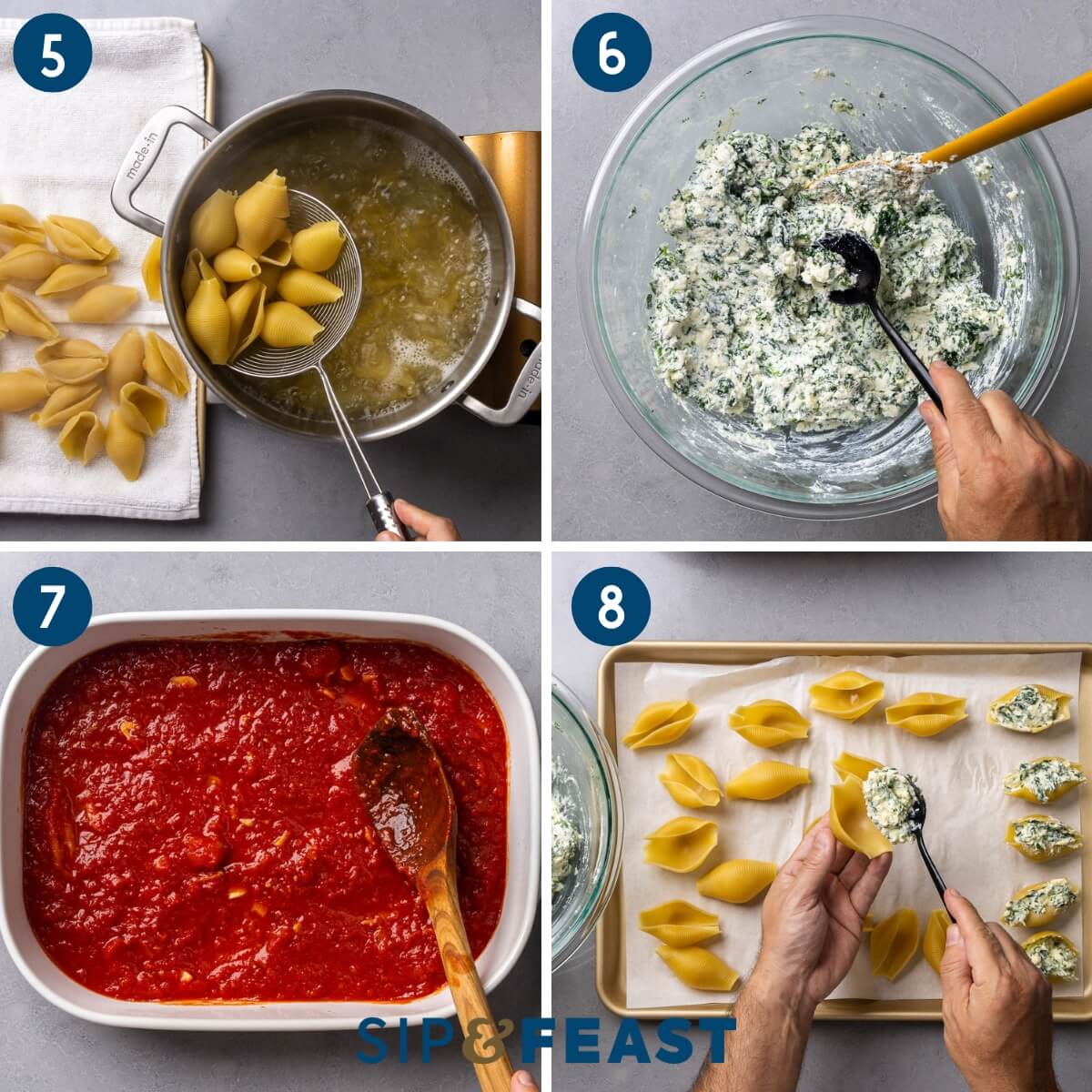 Recipe collage two showing parboiling the jumbo shells, mixing the spinach ricotta filling, placing a thick layer of sauce in baking dish, and filling the shells.